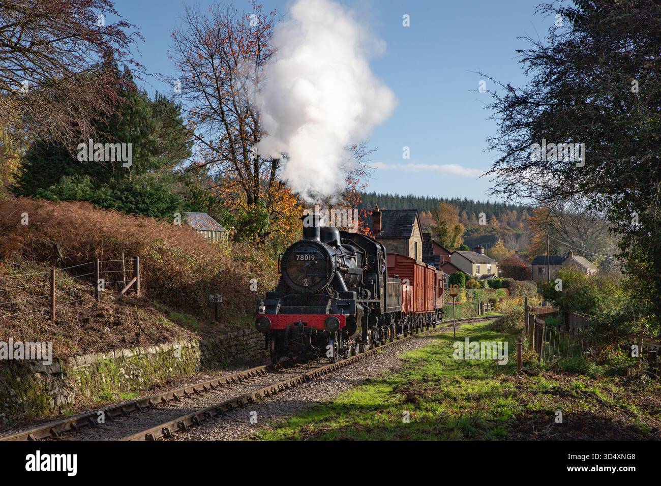 Il treno merci pomeridiano si dirige lontano da Whitecroft tra i colori autunnali della Foresta di Dean Foto Stock