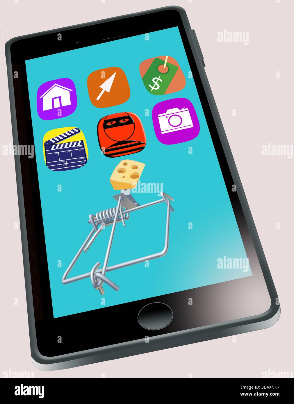 La trappola è impostata e questa applicazione non valida è in attesa che tu prenda l'esca in modo che possa rubare le tue informazioni. Una trappola per topi e un formaggio sono raffigurati su una cella p Foto Stock