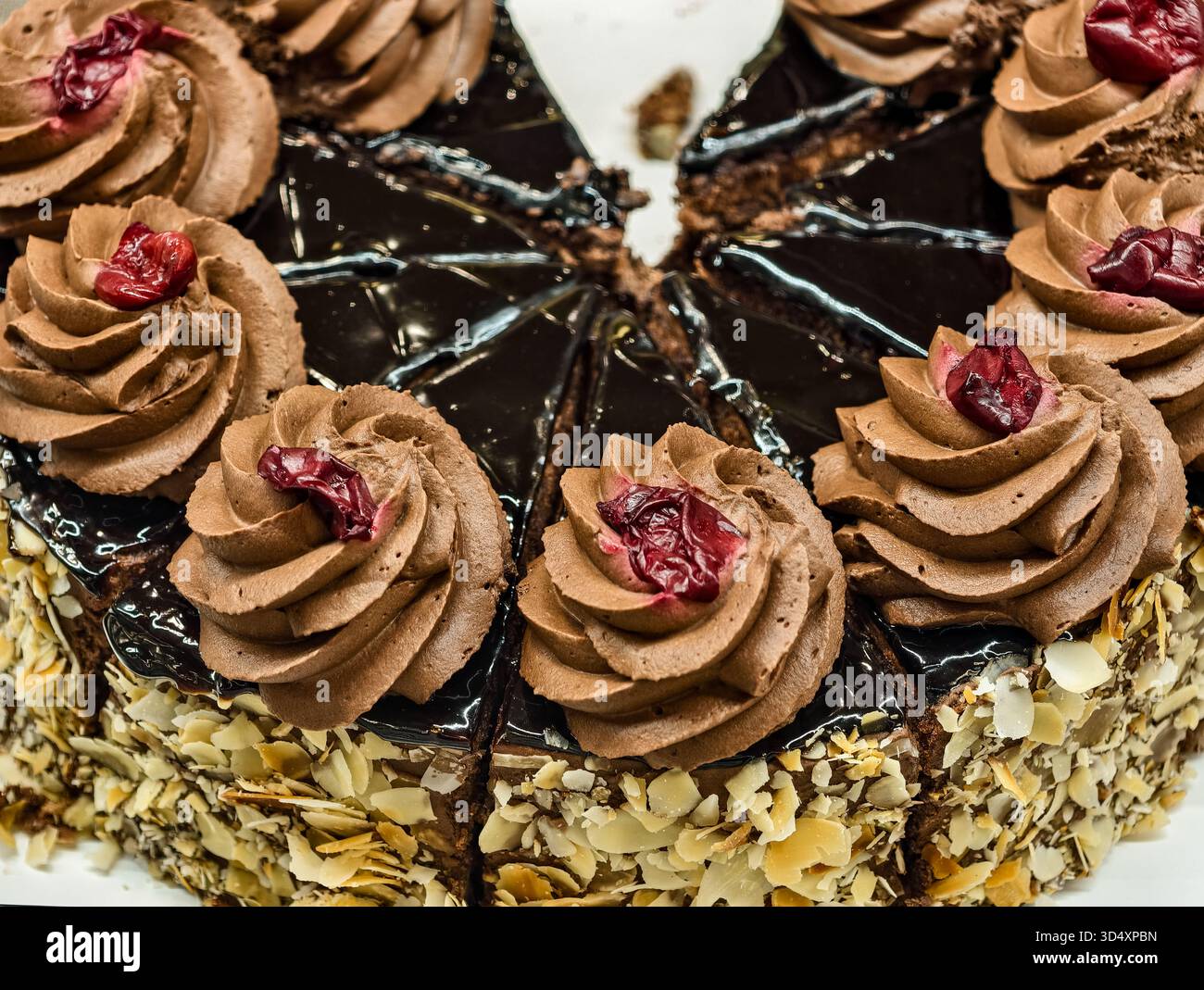 Torta al cioccolato gourmet con rosoni di crema di burro decorazione di mandorle di ciliegia dessert di nozze di lusso per il compleanno Elegant Brown Celebration Food Photography Foto Stock