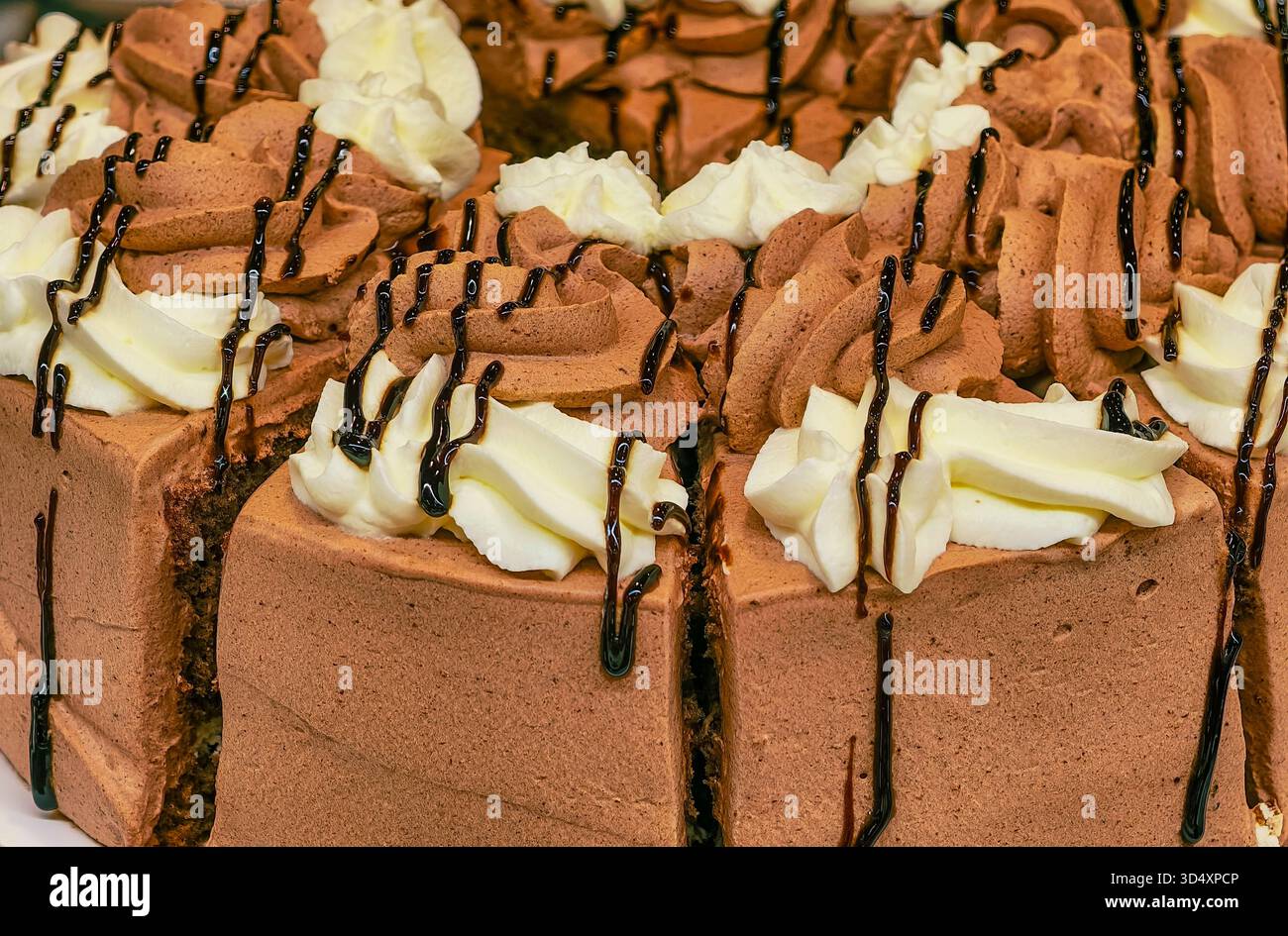 Deliziosa torta con crema di cioccolato e mocha con vortici artigianali e ganache lucide, un'ottima dose di dessert da cerimonia Foto Stock
