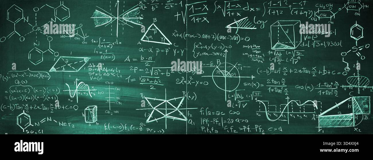 formule grafici scritte a mano sfondo reale della lavagna Foto Stock