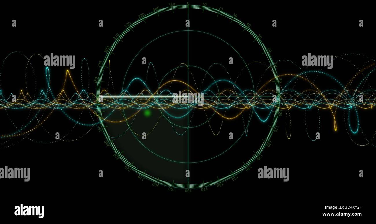 Visualizzazione della griglia radar centrale con mirino verticale sullo schermo, con tracce di verde azzurro e segnale acustico verde Foto Stock