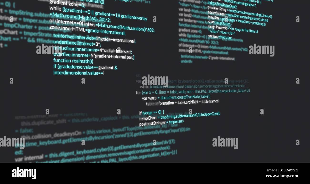 Visualizzazione di un blocco di codice centrato sul monitor della workstation dim, con funzioni, loop e riferimenti DOM Foto Stock