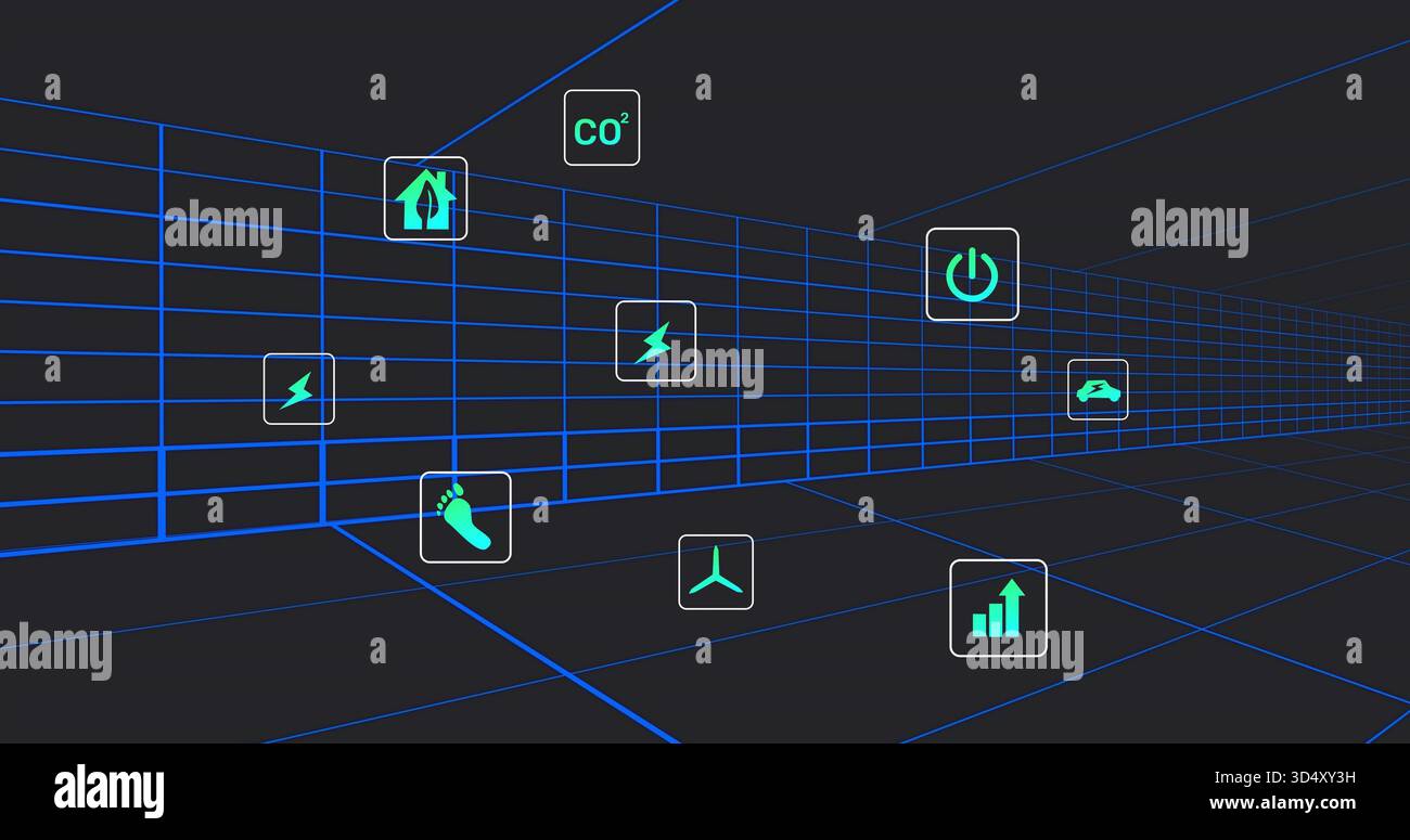 Gruppo galleggiante di icone arrotondate che mostrano i simboli verdi energia CO2 vento EV in una griglia 3D blu neon Foto Stock