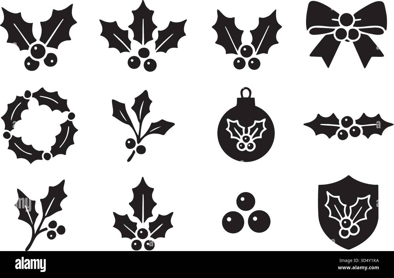 Set di icone di bacche di agnello, logo Chritmas con bacche di agnello. Illustrazione Vettoriale