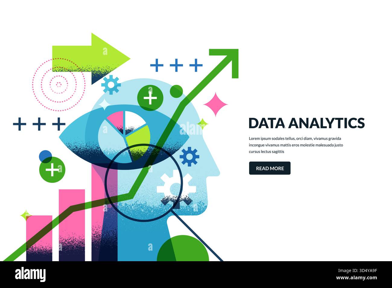 Concetto astratto di analisi dei dati e innovazione. Illustrazione vettoriale di testa umana, occhio, grafico a torta, grafico a freccia verde, lente di ingrandimento. desi moderna Illustrazione Vettoriale
