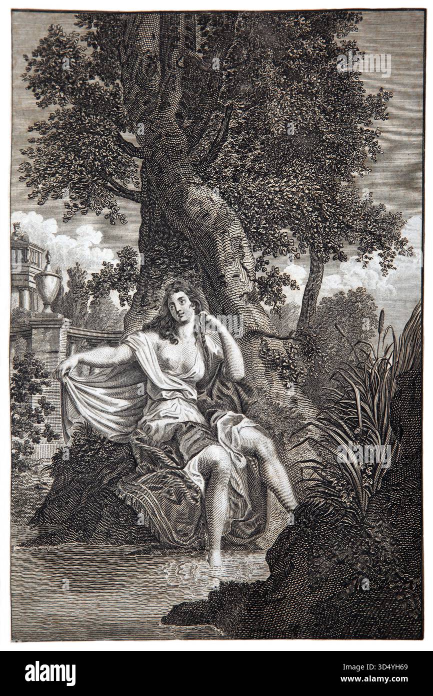 Illustrazione di Bathsheba che faceva il bagno nella primavera di Gerusalemme dove il re Davide la vide e fece uccidere suo marito Uria l'ittita in battaglia così He cou Foto Stock