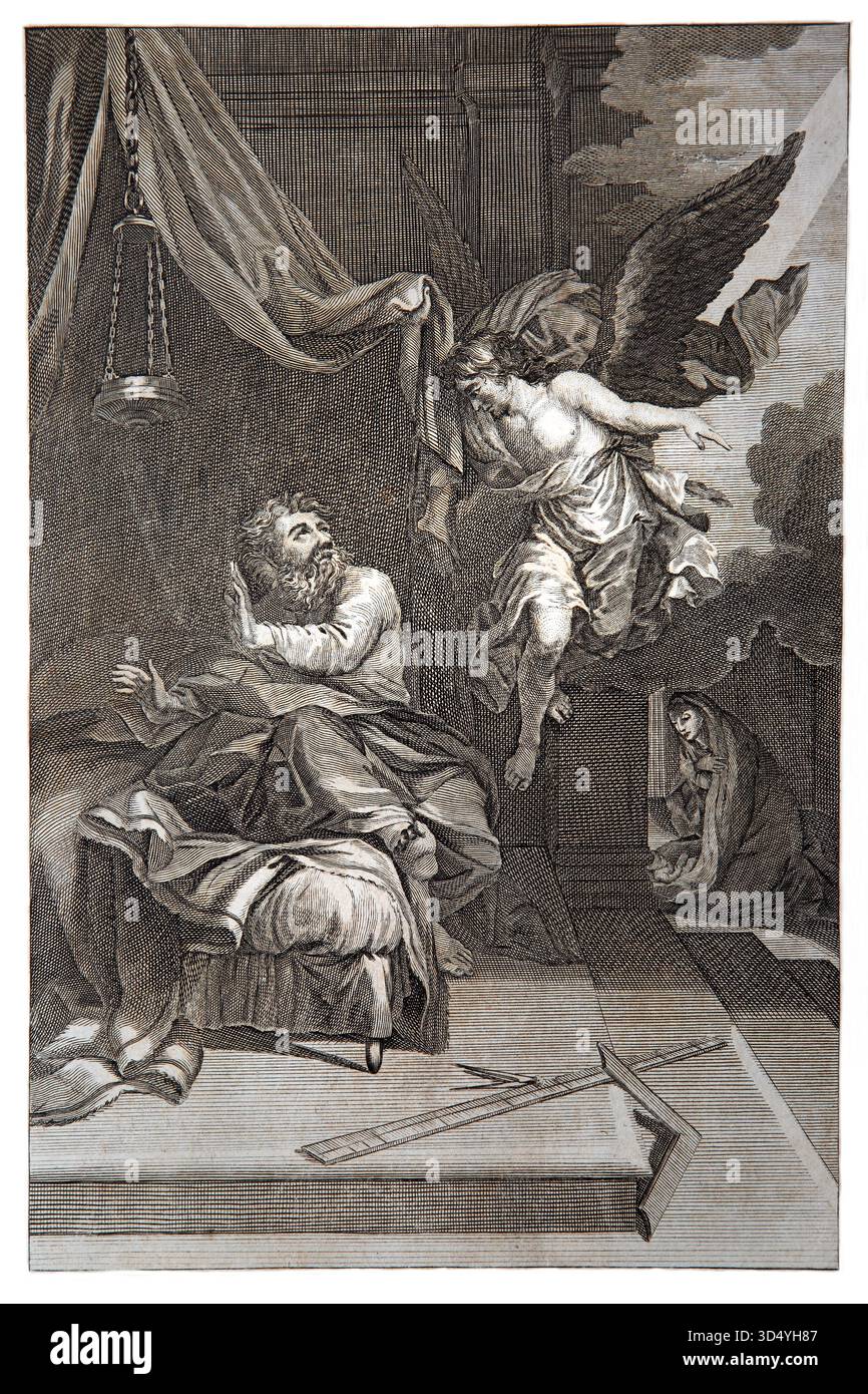 Illustrazione di Giuseppe avvertito della crudeltà di Erode (Matteo) la seconda visita di un Angelo a Giuseppe in un sogno che lo avverte di fuggire in Egitto con la Foto Stock