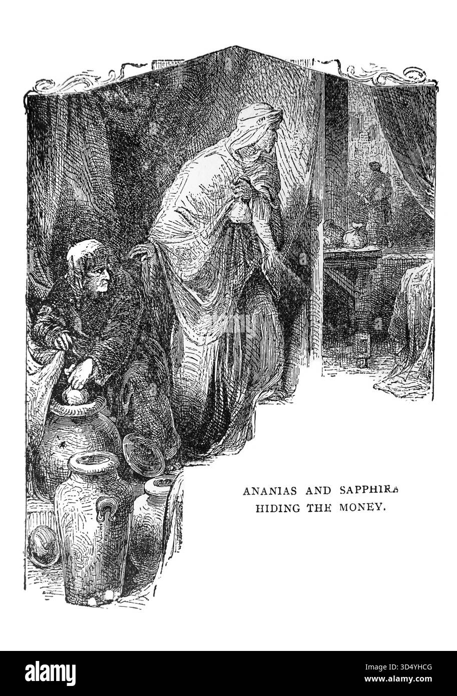Illustrazione di Anania e di sua moglie Sapphira che nascondono e tengono parte del ricavato dalla vendita della loro terra invece di dare tutto agli Apostoli Foto Stock