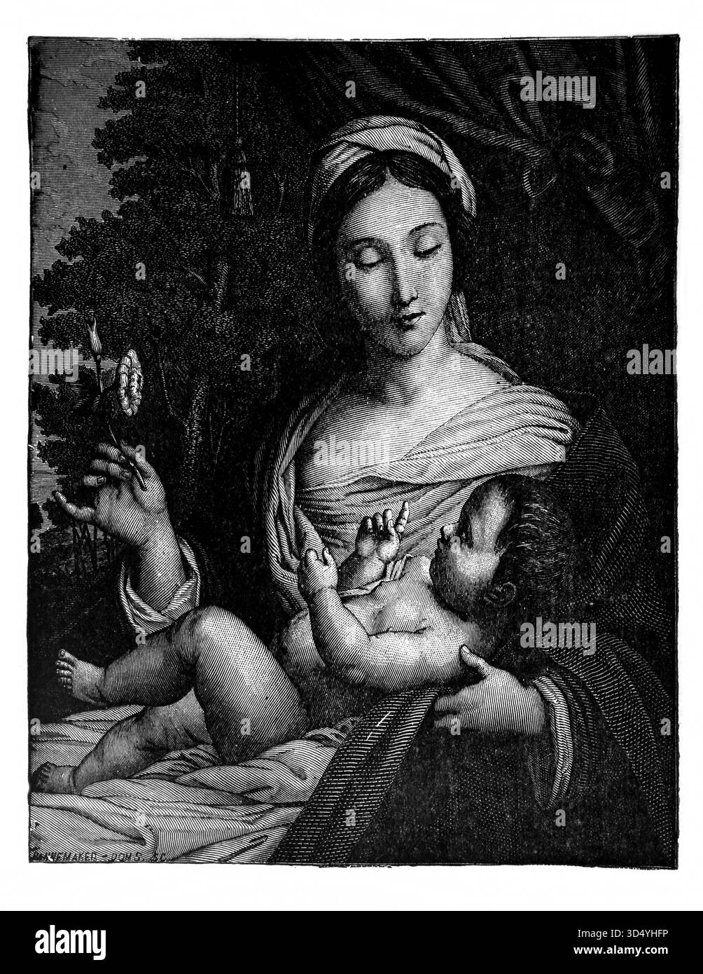 Illustrazione di una madre che tiene un bambino in un braccio e un Fiore in un altro che raffigura la poesia Catching Shadows di E. Hannaford dell'edizione del 1890 o Foto Stock