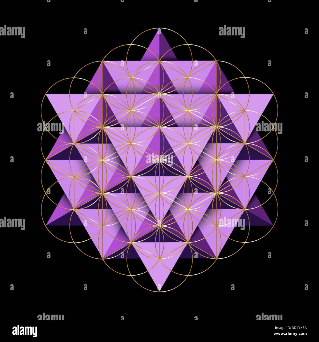Geometria sacra, solidi platonici tetraedri 3D, Fiore della vita, Mandala dorato e viola, seme della vita, simbolo di armonia ed equilibrio. Talisma mistico Illustrazione Vettoriale