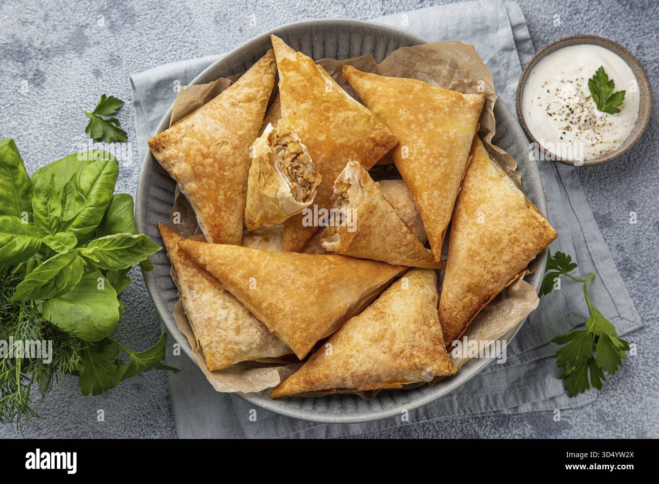 Cibo, pasticci di Samosa con carne, vista dall'alto Foto Stock