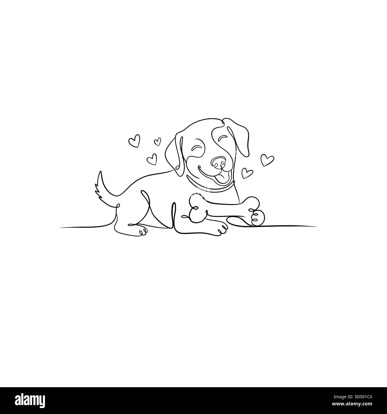 Illustrazione grafica in linea continua di Happy Dog con osso Foto Stock