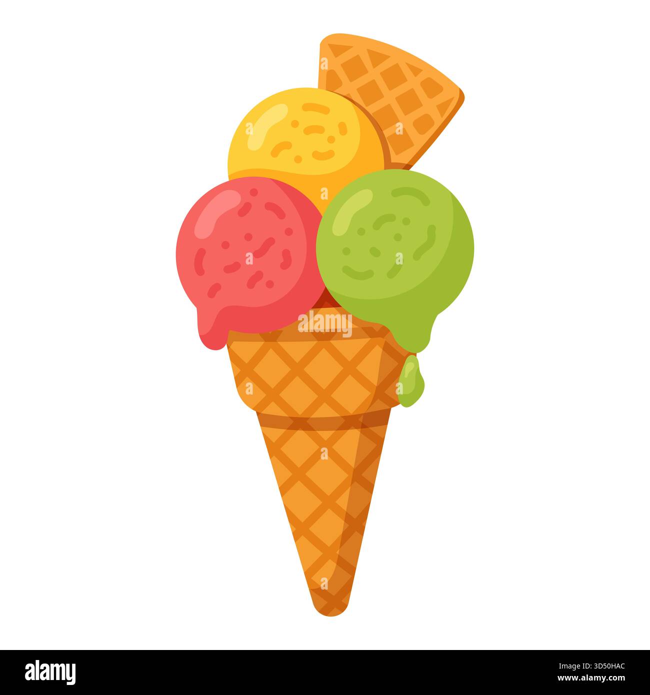 Cono per gelato colorato con tre cucchiai e consistenza dei waffle in una brillante illustrazione vettoriale Illustrazione Vettoriale
