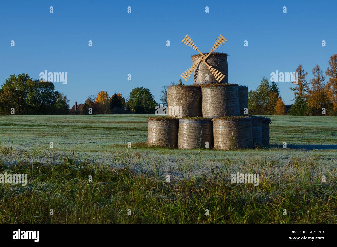 Un mulino per paglia costruito con balle di fieno appena tagliato, l'erba giovane ricoperta di gelo mattutino. Un cielo blu e alberi autunnali. Le pulegge scanalate sono impilate Foto Stock