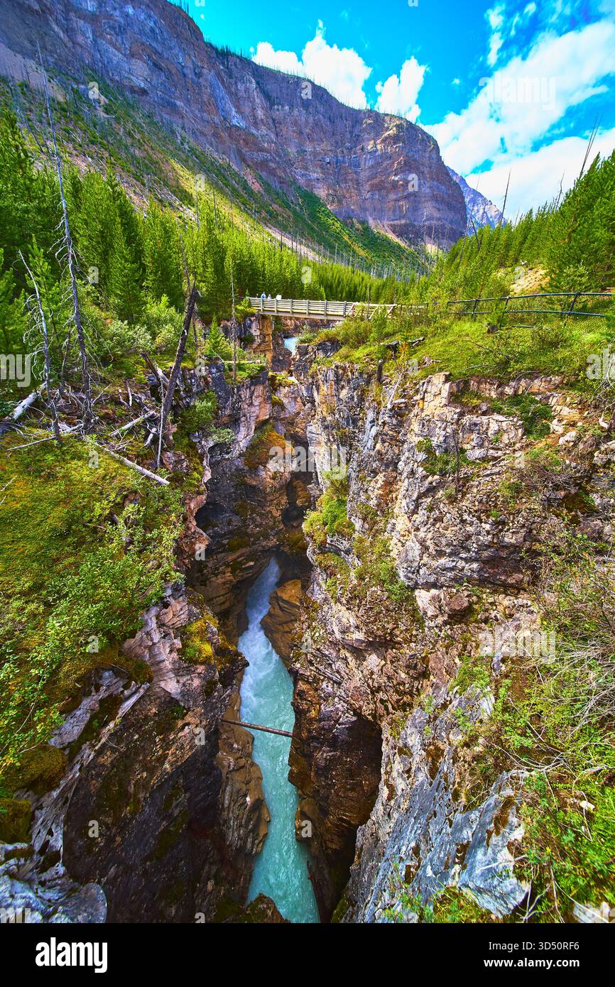 River Canyon con Bridge Lush Forest e torreggiante paesaggio montano Foto Stock