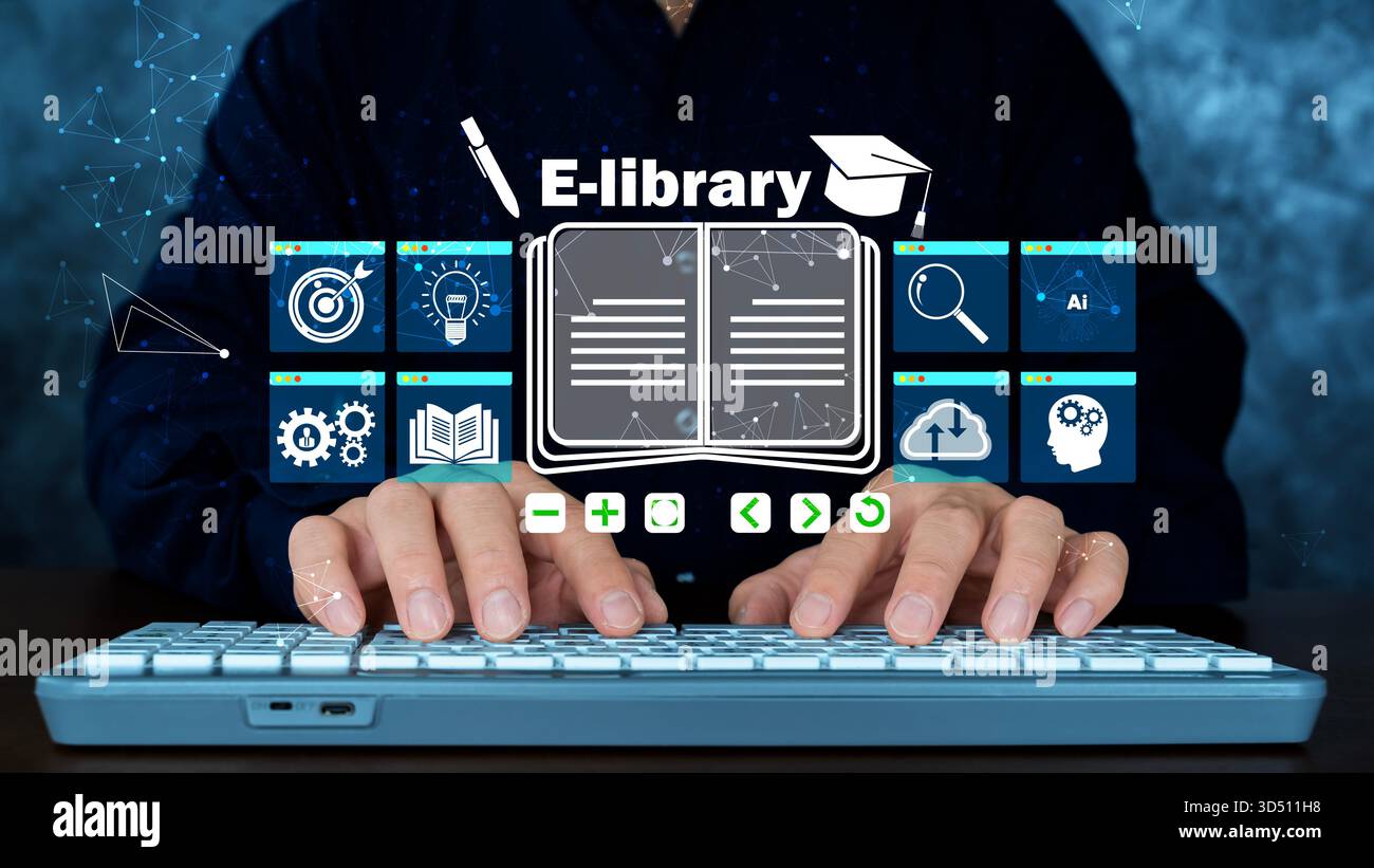 Digitazione manuale sulla tastiera con interfaccia digitale per la libreria elettronica che visualizza le icone di apprendimento online, il simbolo del libro, gli strumenti di ricerca, l'accesso al cloud e le funzioni di intelligenza artificiale Foto Stock