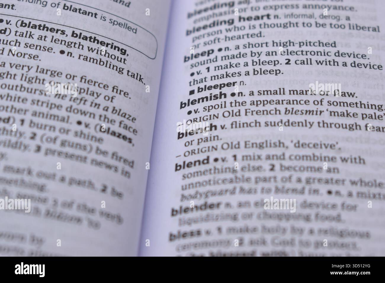 Primo piano della pagina del dizionario inglese con Word - blench Foto Stock