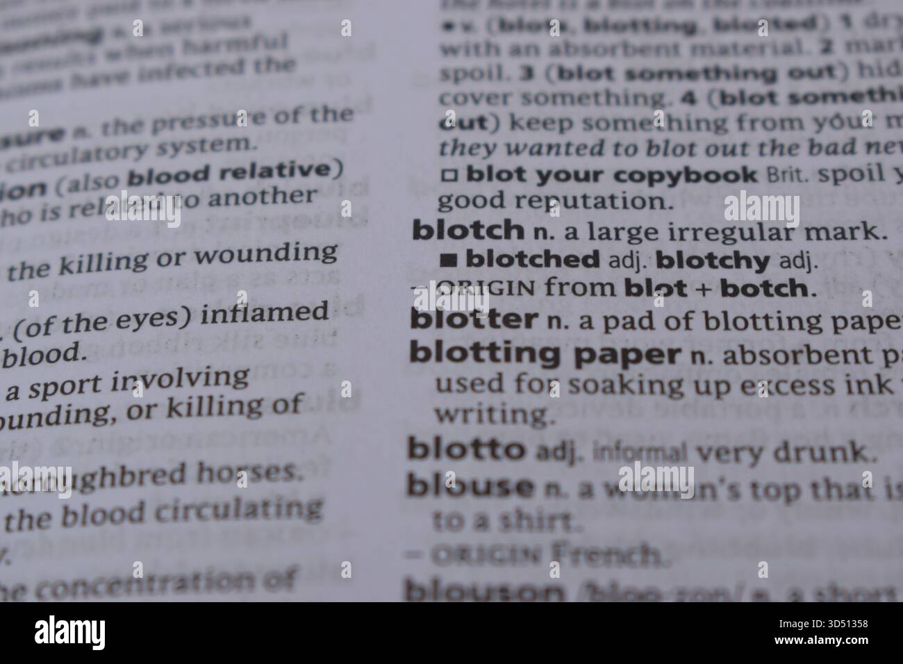 Pagina del dizionario inglese primo piano con la parola di -blotter Foto Stock