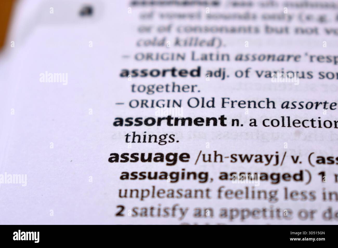 Primo piano della pagina del dizionario inglese con Word - assortimento Foto Stock