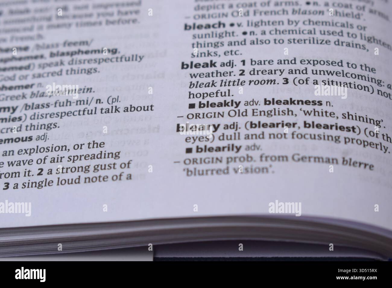 Pagina del dizionario inglese primo piano con la parola di -bleakly Foto Stock