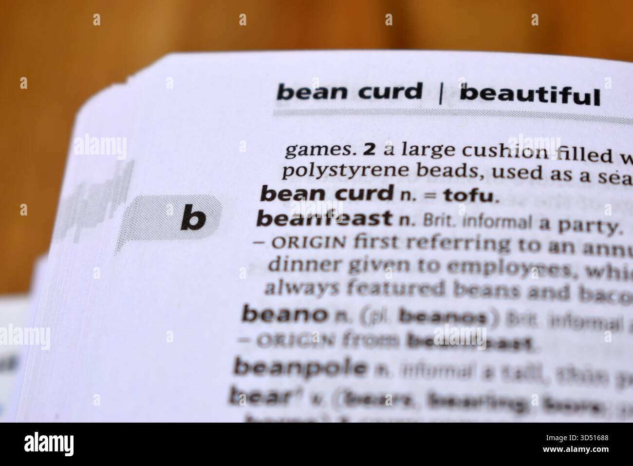 Primo piano della pagina del dizionario inglese con Word - Bean curd Foto Stock
