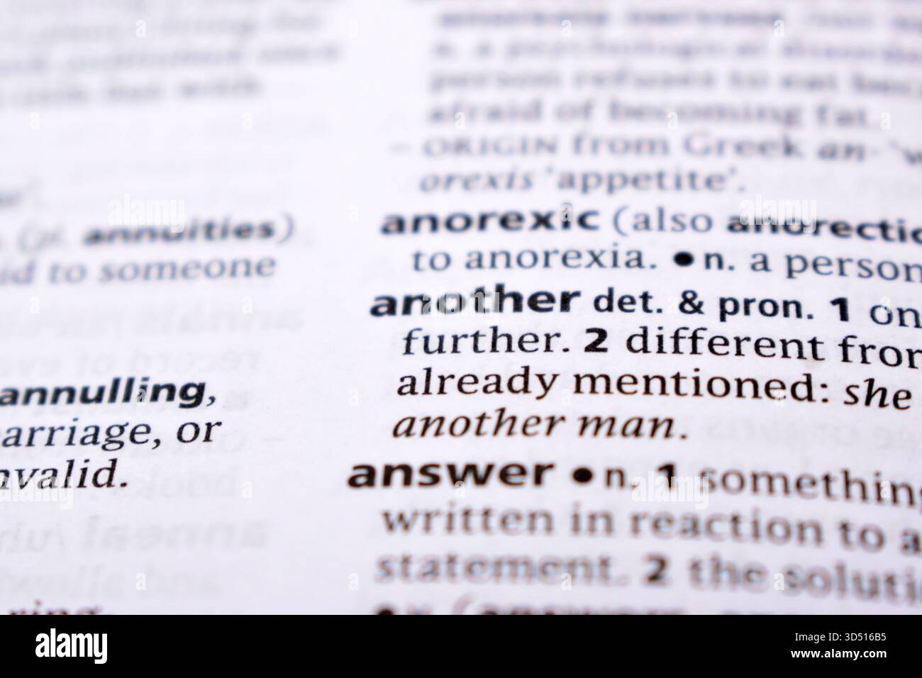 Primo piano della pagina del dizionario inglese con Word - un altro Foto Stock