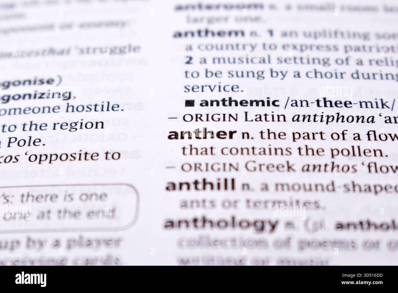 Primo piano della pagina del dizionario inglese con Word - Anther Foto Stock