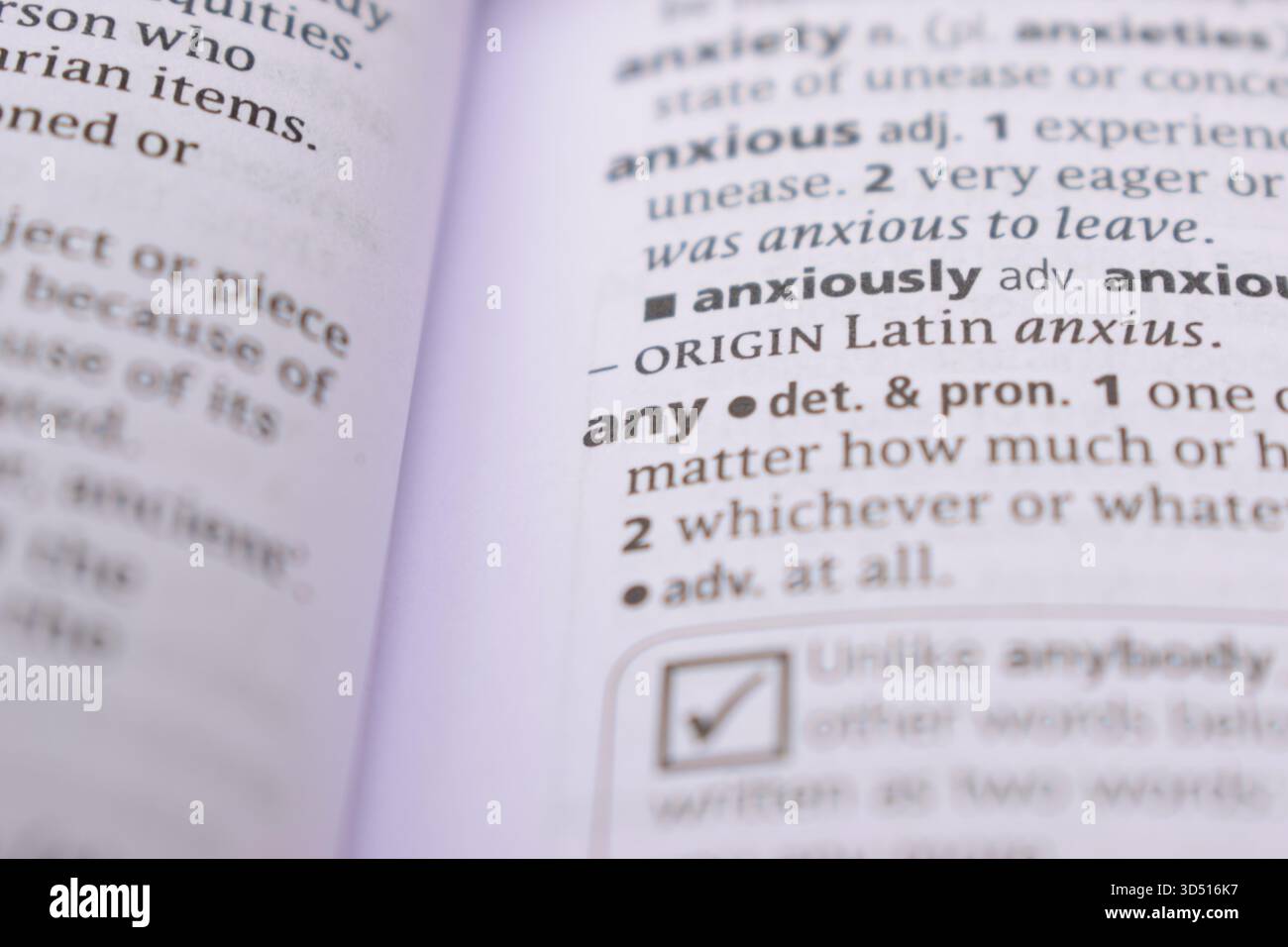 Pagina del dizionario inglese primo piano con la parola di -Any Foto Stock