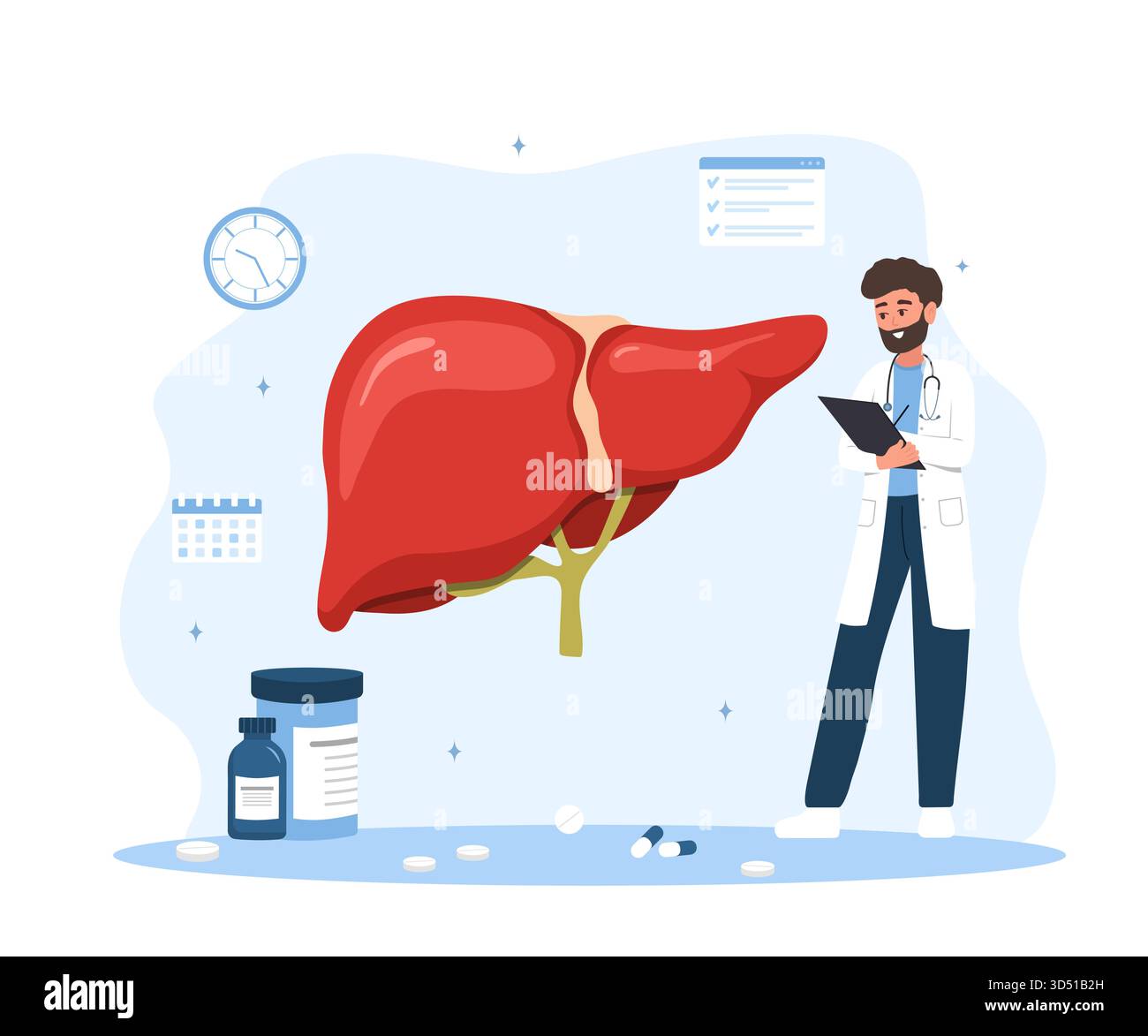 Diagnosi di cirrosi epatica da parte di un medico di sesso maschile in stile cartoon. Epatologo che esamina il paziente per il trattamento o l'epatite. Illustrazione del vettore piatto per uso medico Illustrazione Vettoriale