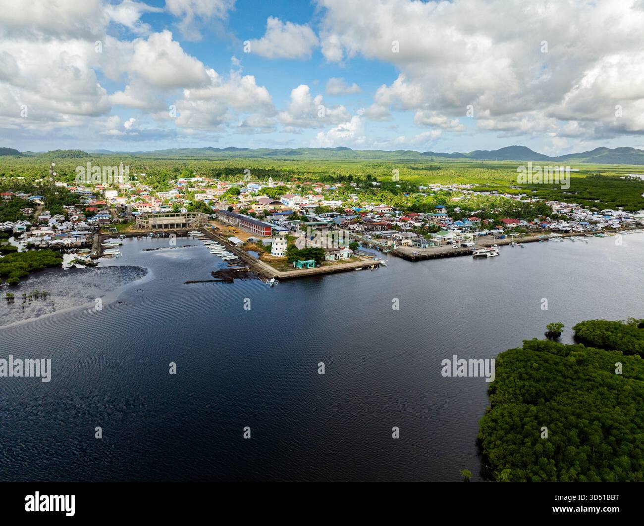 Colorata cittadina costiera con case, porto e barche da pesca circondate da vegetazione tropicale e colline lontane. Siargao, Filippine. Foto Stock