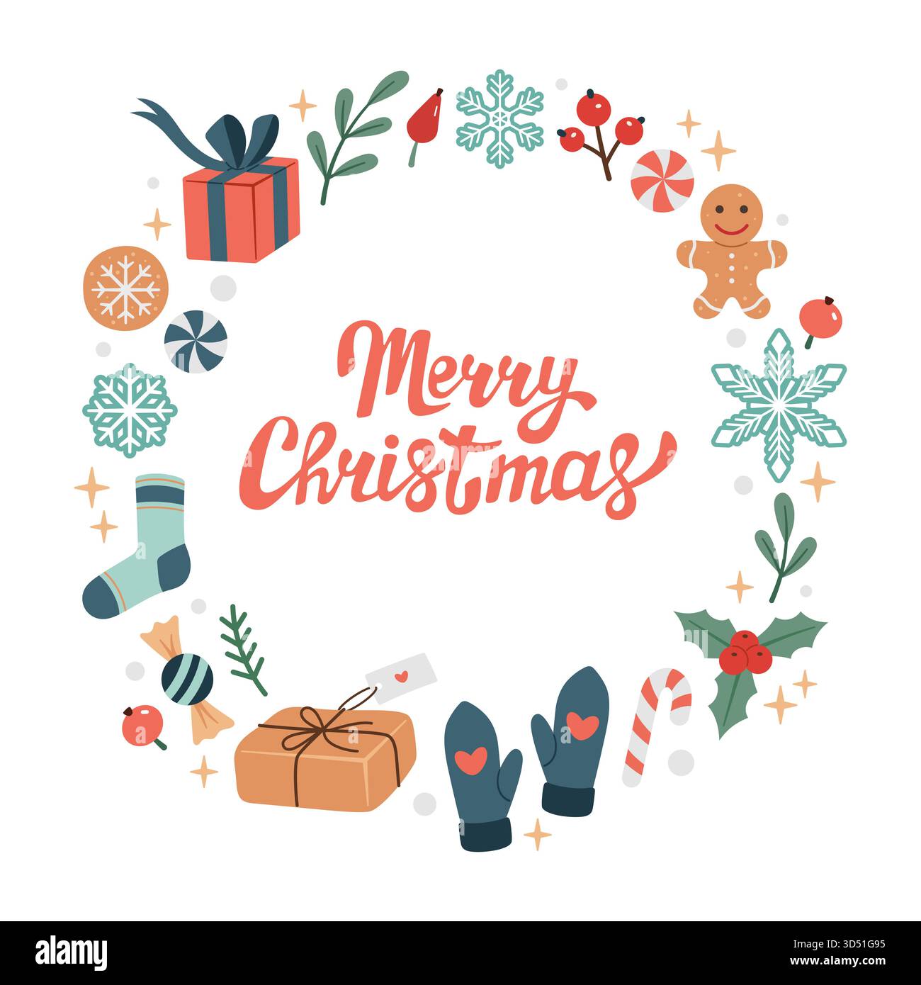 Cornice rotonda di Natale disegnata a mano, spazio per le copie, cartolina, biglietto d'auguri. Cornice circolare decorativa invernale natalizia Doodle. Dolci di Natale, caramelle, biscotti. Buone lettere natalizie. Vettore Illustrazione Vettoriale