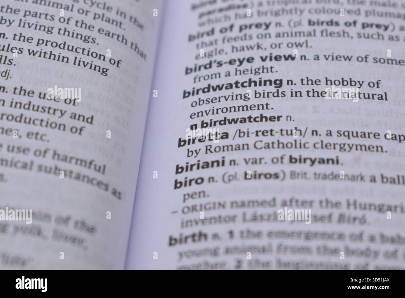 Pagina del dizionario inglese primo piano con la parola di -biretta Foto Stock