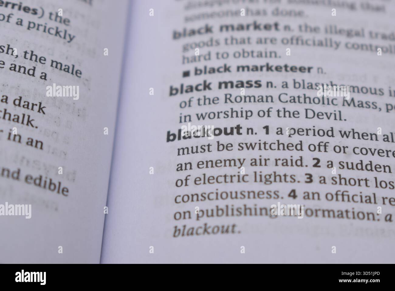 Primo piano della pagina del dizionario inglese con Word - blackout Foto Stock