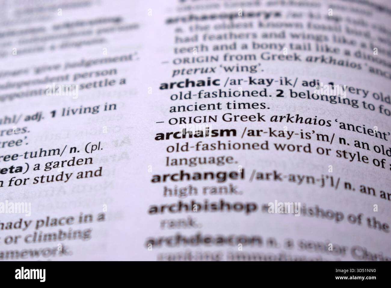 Pagina del dizionario inglese primo piano con la parola di -archaismo Foto Stock