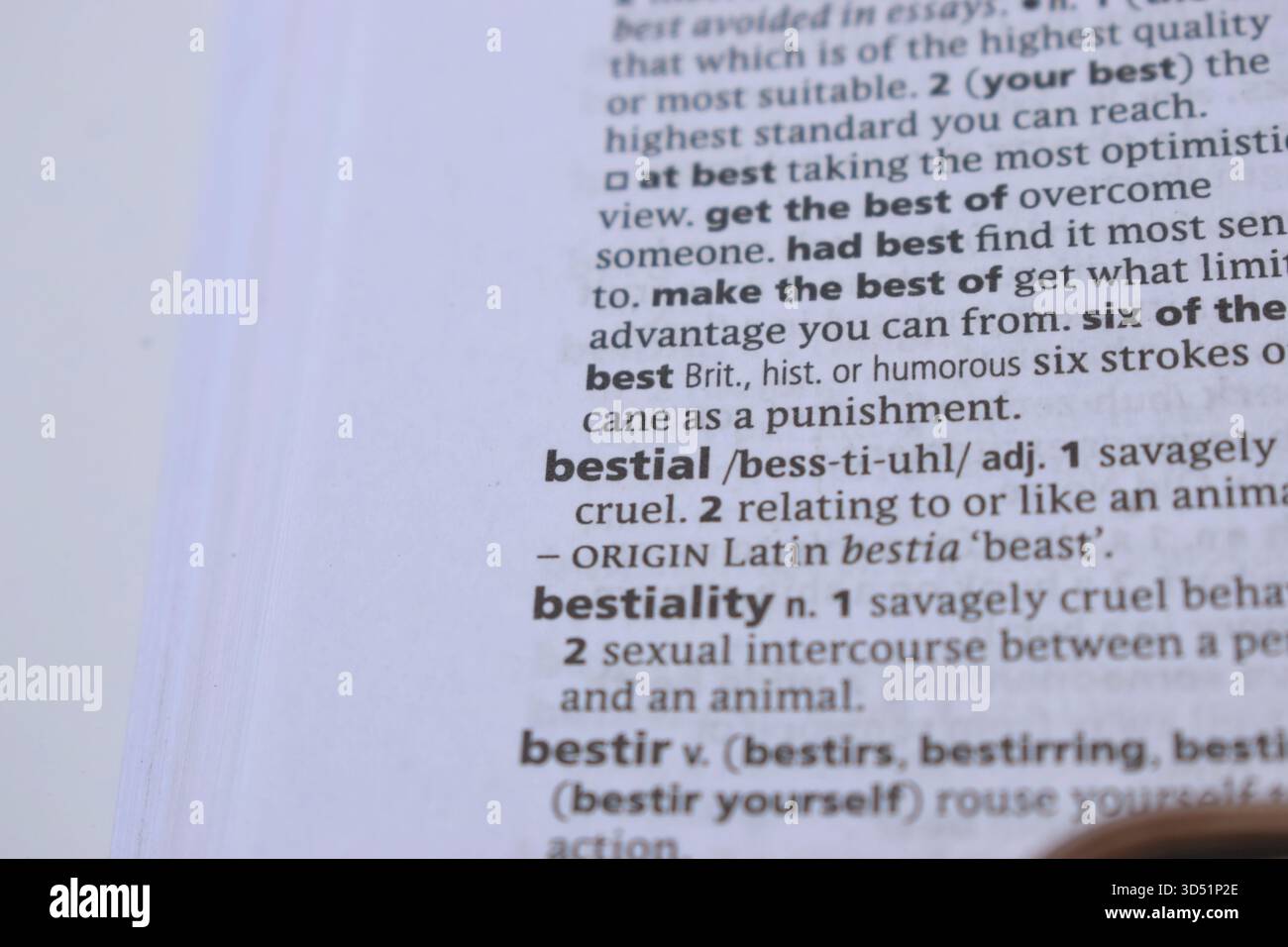 Primo piano della pagina del dizionario inglese con Word - Bastial Foto Stock