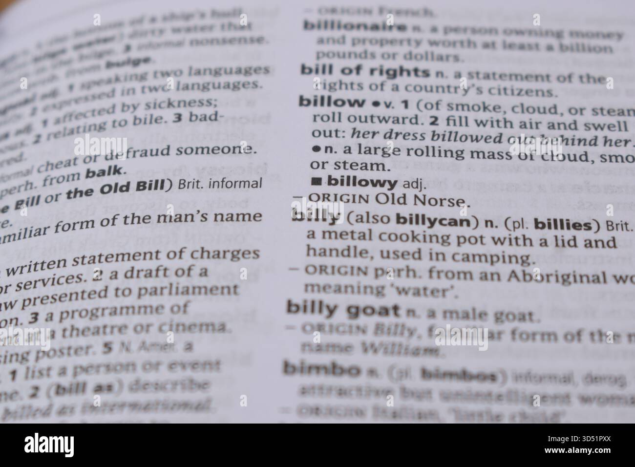 English Definition Dictionary pagina primo piano di Word of -billy Foto Stock