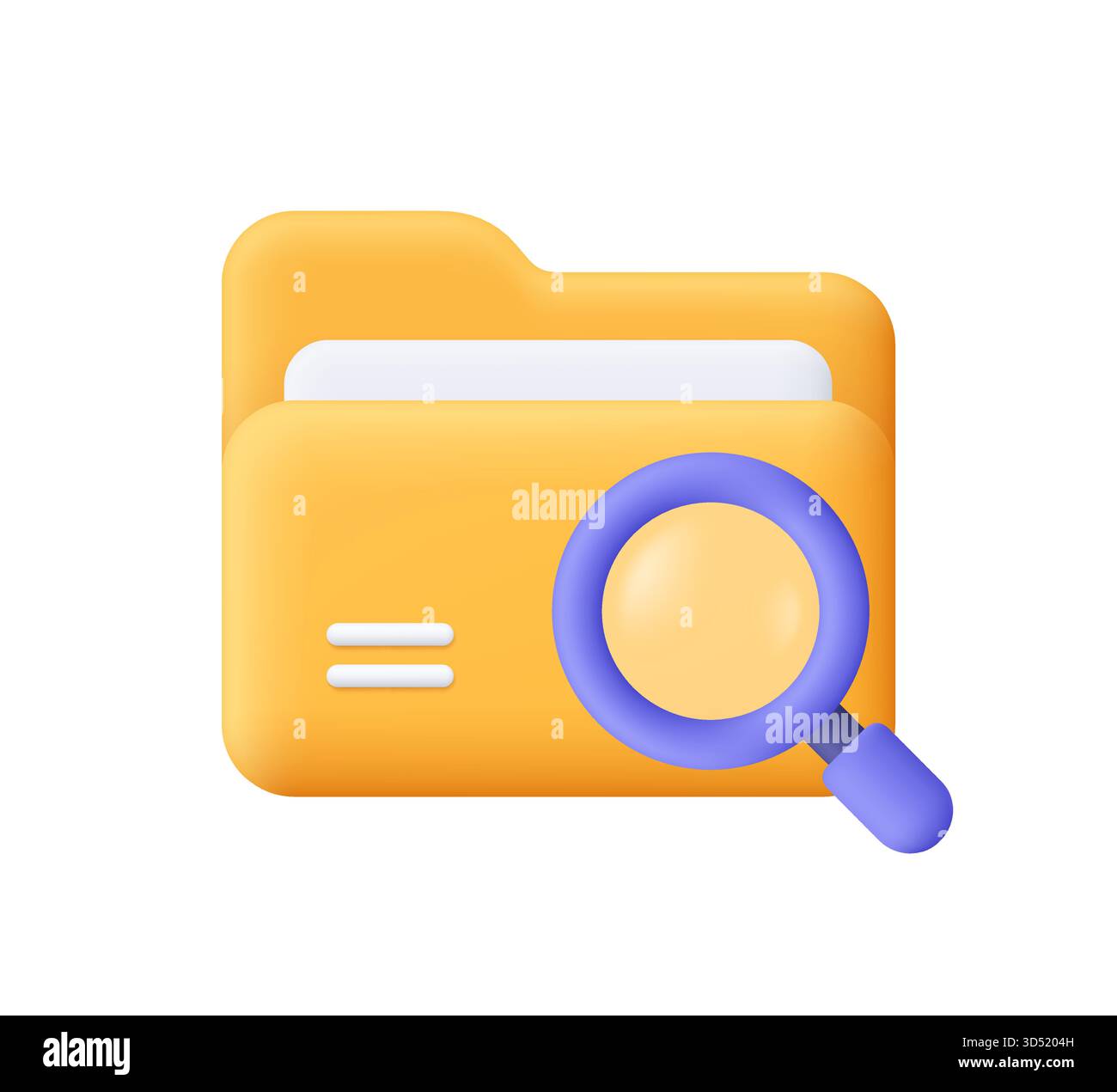 Cartella gialla con lente di ingrandimento viola. Business, ricerca di file, gestione dei documenti, analisi dei dati, archiviazione delle informazioni e concetto di archivio digitale Illustrazione Vettoriale