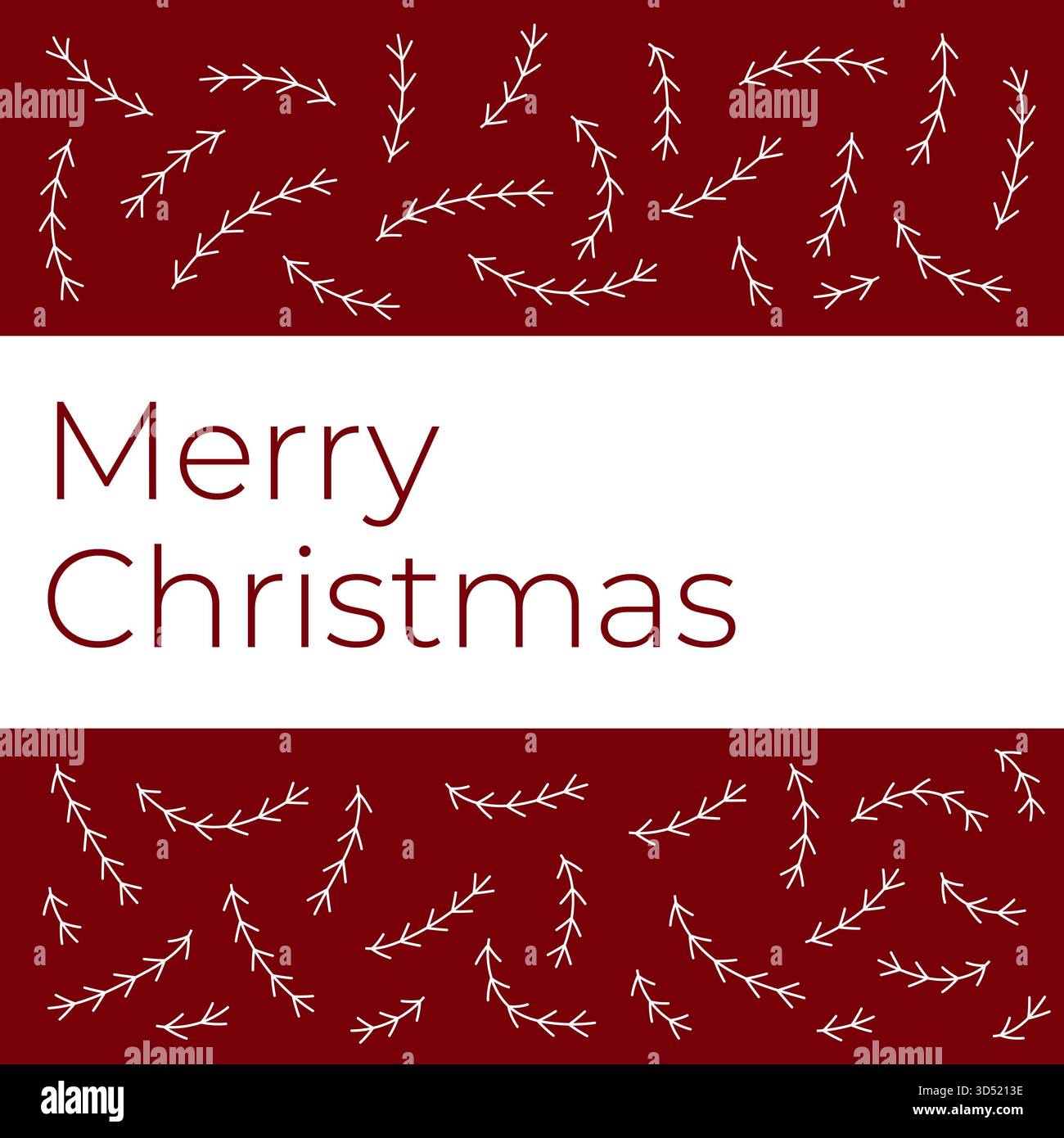 Elegante biglietto di auguri natalizio minimalista con tipografia moderna e rami di pino disegnati a mano su sfondo rosso. Perfetto per gli inviti alle vacanze, pri Foto Stock