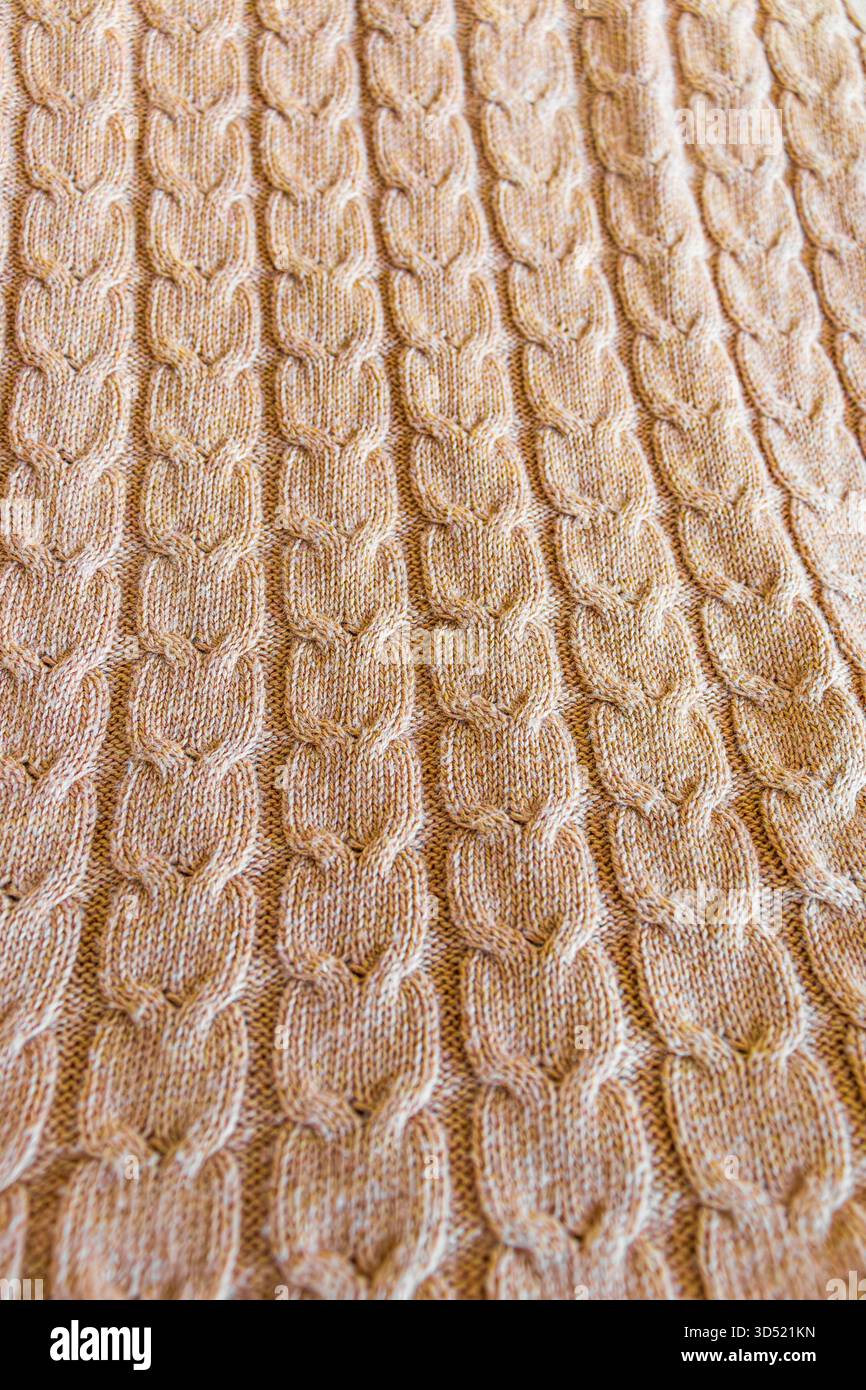 Montatura completa di pullover beige in lana lavorata a maglia con un classico motivo a cavo. Foto Stock