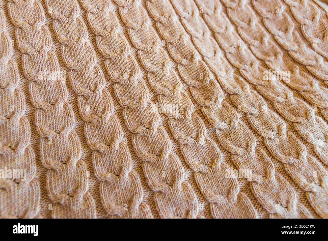 Montatura completa di pullover beige in lana lavorata a maglia con un classico motivo a cavo. Foto Stock