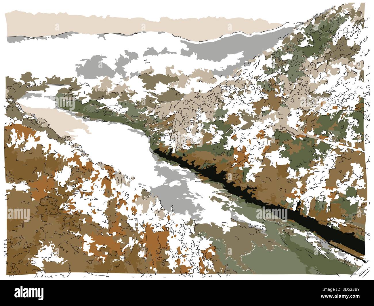 Pittura impressionista in stile schizzo, il fiume scorre lungo le colline, immagine vettoriale illustrazione digitale Illustrazione Vettoriale