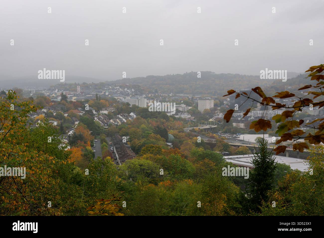 Editoriale — paesaggio urbano autunnale di Siegen, Germania con nebbia sulle colline boscose. Foto Stock