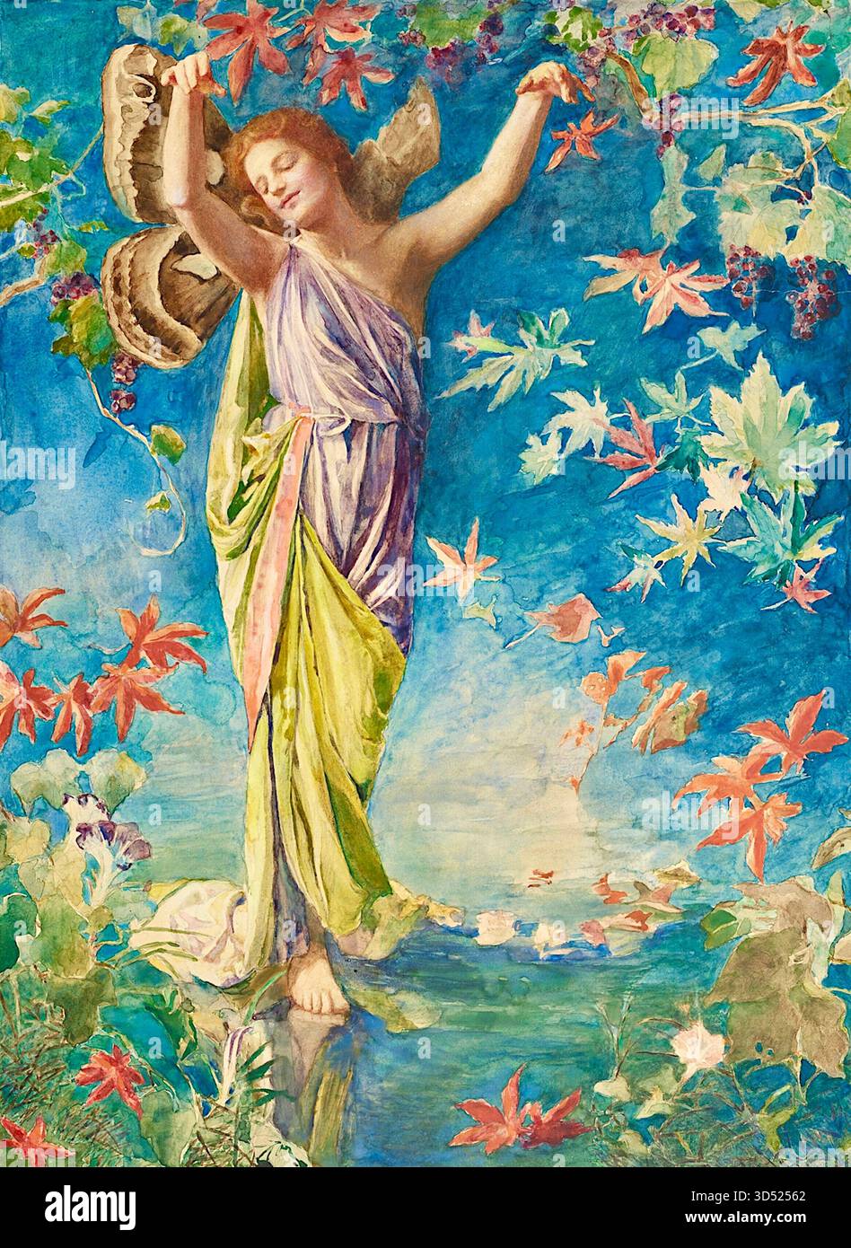 John la Farge - foglie sparse d'autunno - (1900 circa) - l'opera è una rappresentazione allegorica della stagione autunnale, con una figura femminile alata in un abito in stile classico tra foglie cadenti. È stato originariamente progettato da la Farge come una proposta per una vetrata per una casa privata a Long Island, che spiegherebbe la composizione e la vibrante e traslucida qualità del mezzo acquerello. Anche se alla fine fu scelto un altro disegno per la finestra, la Farge espose questo acquerello lirico come un'opera d'arte indipendente. Foto Stock