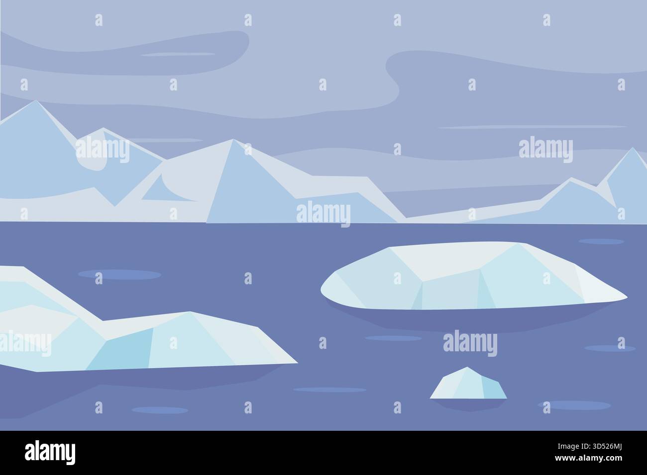 Una tranquilla scena artica presenta grandi e piccoli iceberg che galleggiano su un mare blu profondo. Le morbide nuvole si innalzano sopra, creando un'atmosfera tranquilla. L'ic Illustrazione Vettoriale