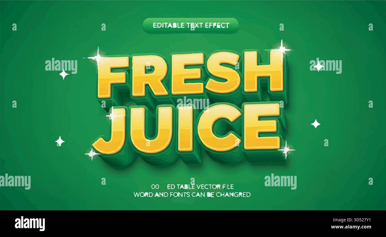 Grafica vettoriale effetto testo Fresh Juice modificabile con tipografia 3D brillante su uno sfondo verde brillante Illustrazione Vettoriale