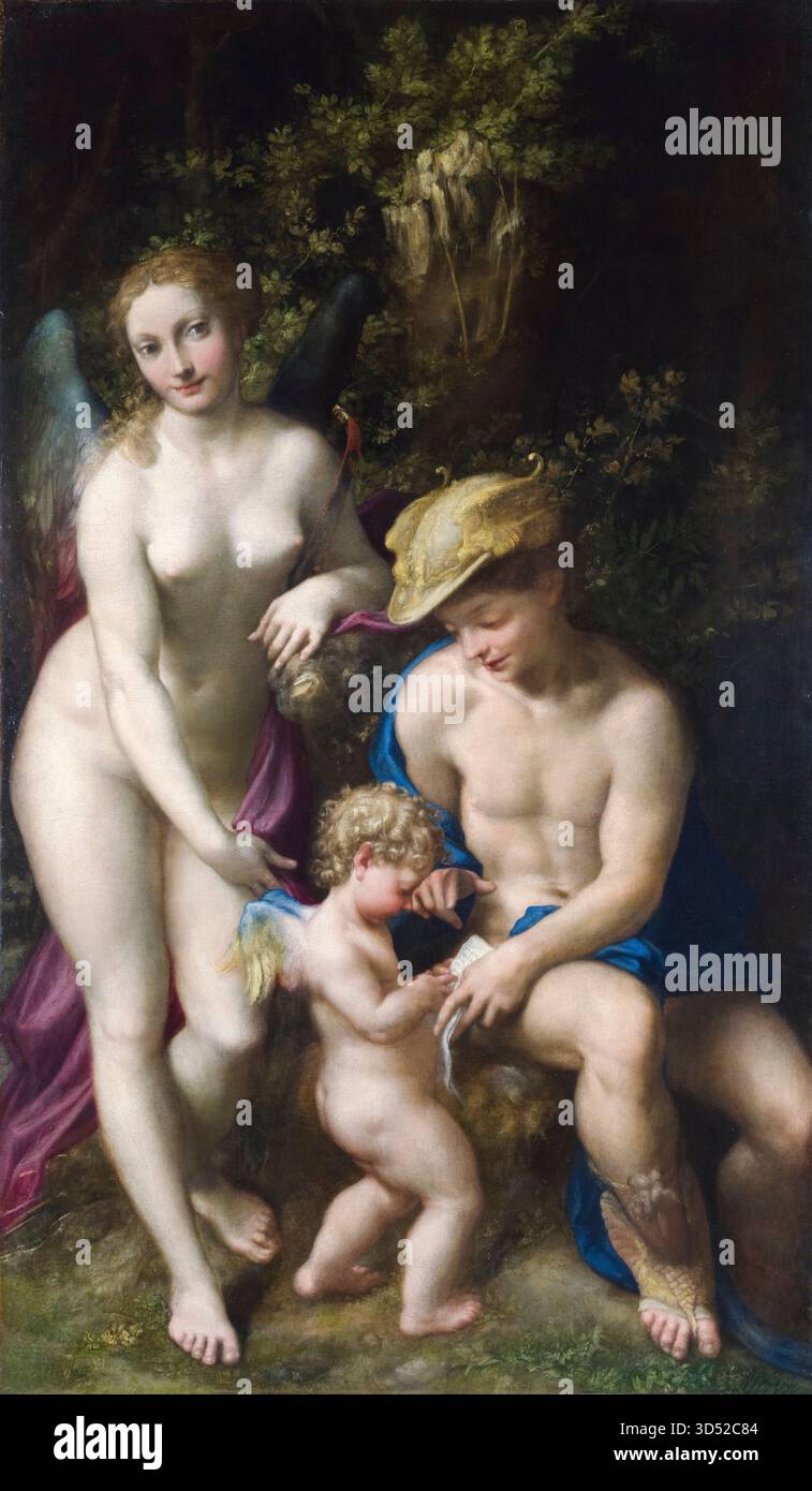 Antonio da Correggio pittura, Venere con mercurio e Cupido (la Scuola dell'amore), olio su tela, circa 1525 Foto Stock