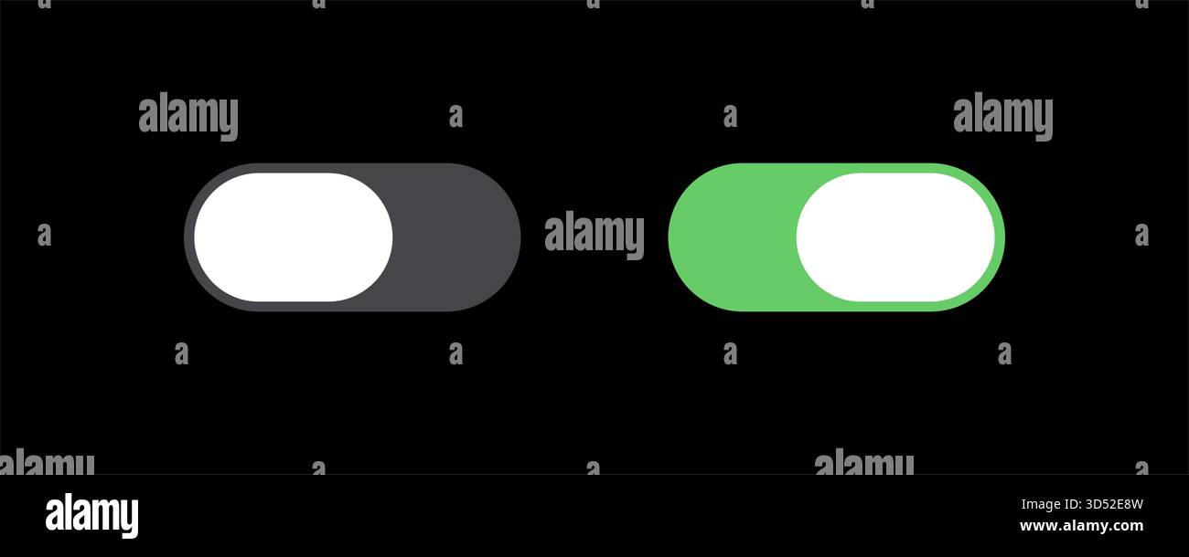 Pulsante di attivazione/disattivazione interruttore, cursore attivo inattivo. Icona di notifica barra iOS del telefono cellulare, progettazione elemento interfaccia Web interfaccia utente digitale. Smartphone Illustrazione Vettoriale