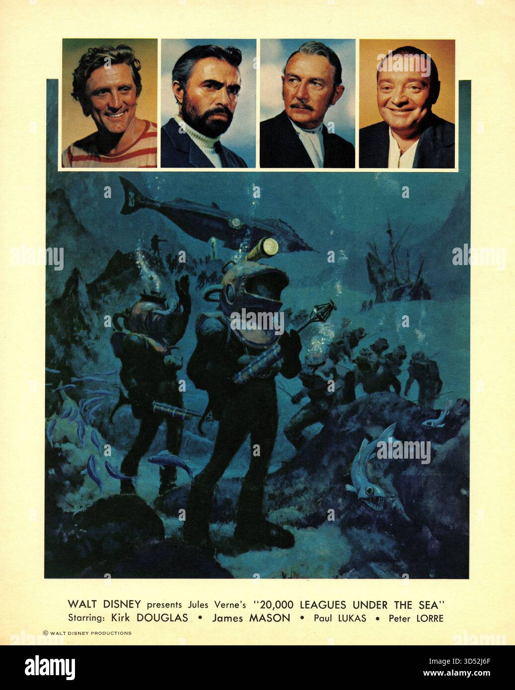 Opera promozionale con KIRK DOUGLAS, JAMES MASON, PAUL LUKAS e PETER LORRE per 20.000 LEGHE SOTTO IL MARE DI WALT DISNEY 1954 regista RICHARD FLEISCHER romanzo JULES VERNE Screenplay EARL FELTON Music PAUL J. SMITH Walt Disney Productions / Buena Vista Film Distribution Company Foto Stock