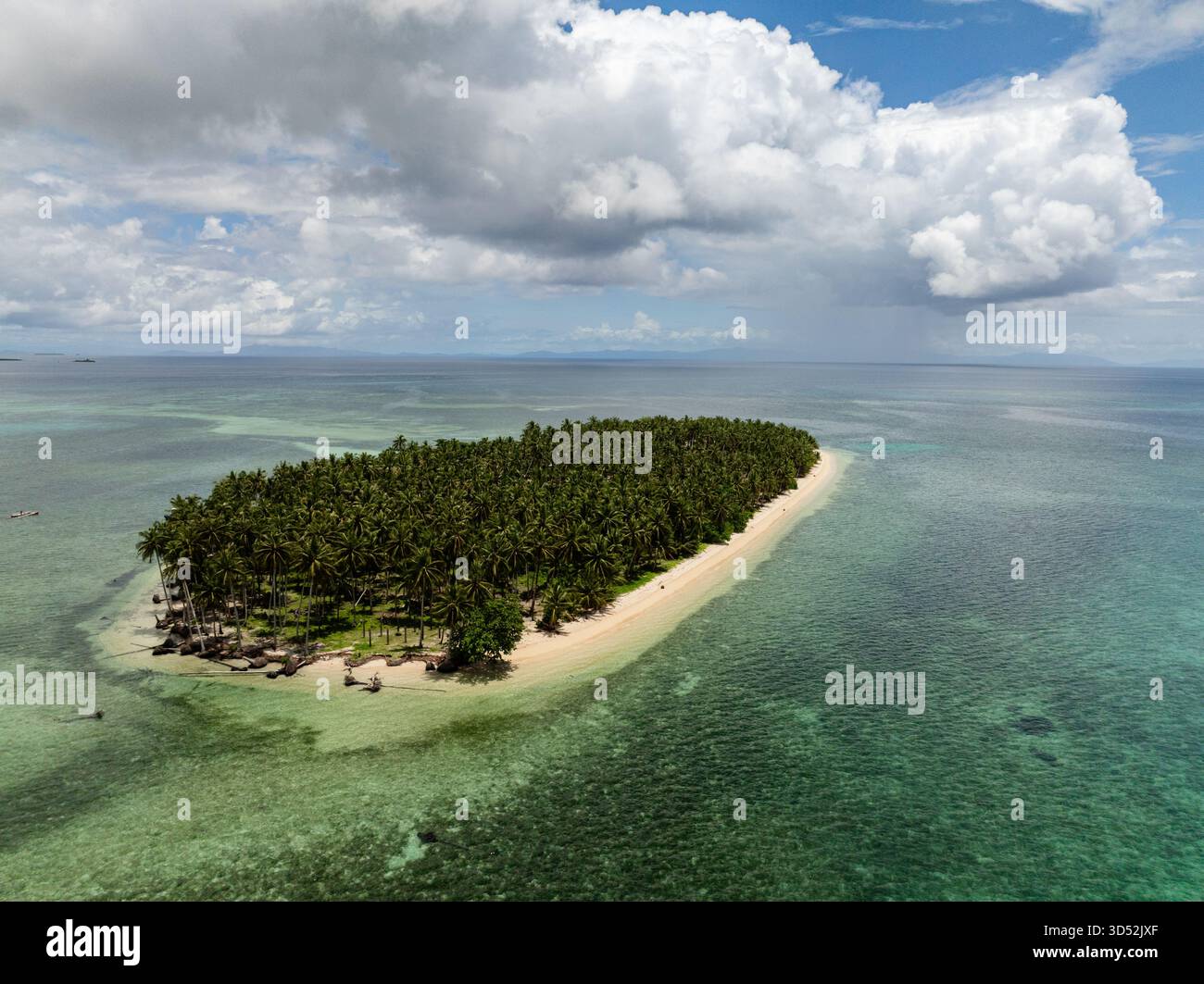 Isola coperta di palme circondata da spiaggia sabbiosa e calme acque turchesi. Siargao, Filippine. Casa desiderio. Foto Stock